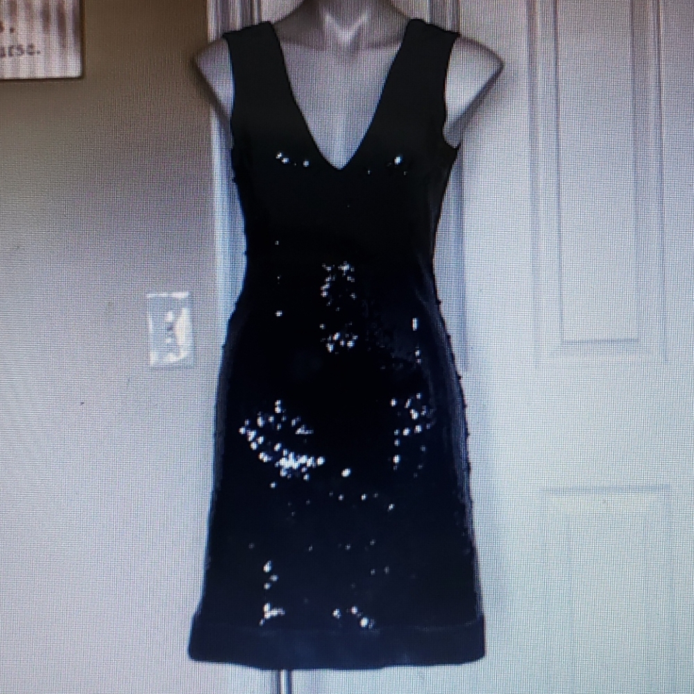 Alexia Admor V Neck Sleeveless Sequin BLK Dress L